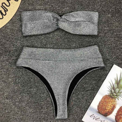 New Sexy Bandeau Shiny Glitter Bikini Set Women Swimwear Swimsuit With Pad Bow Bikinis High waist Bather Bathing Suit Swim Wear voguable