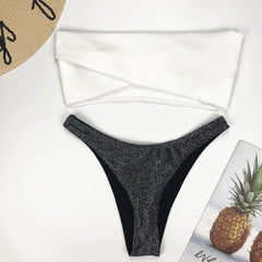 New Sexy Bandeau Shiny Glitter Bikini Set Women Swimwear Swimsuit With Pad Bow Bikinis High waist Bather Bathing Suit Swim Wear voguable