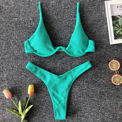 Sexy Neon V-bar Underwired Bikini 2021 Female Ribbed Swimsuit Women Thong Swimwear Two-pieces Bikini set Push up Bathing Suit voguable