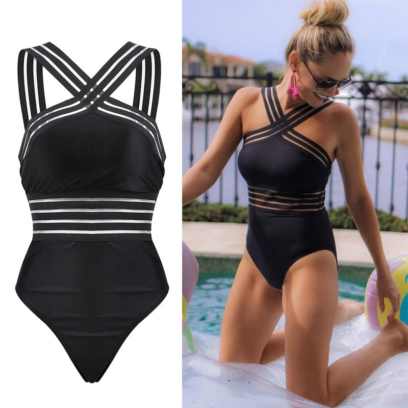 2021 Women Bikini Bodysuit Sexy Ladies Striped Bandage Backless Push Up Swimwear Swimsuit Beach Triangle Bathing Suit voguable