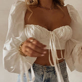 Cryptographic White Balloon Sleeve Elegant Women Top and Blouse Shirts Autumn 2021 Sexy Backless Crop Tops Solid Fashion Blusas voguable