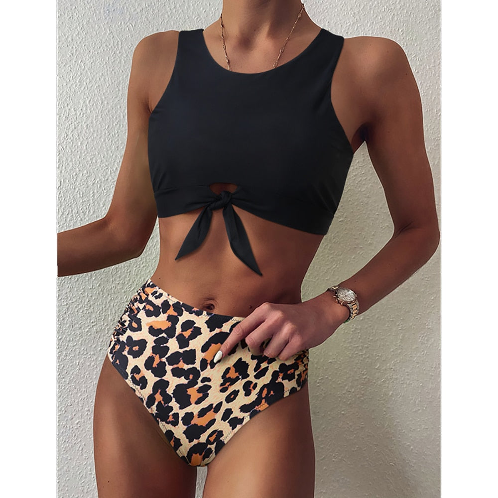 High Waist Bikini Leopard Swimsuit Women Bikini 2021 Floral Swimsuit Print High Neck Bikini Push Up Swimwear Snake Bathing Suit voguable