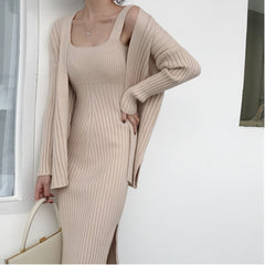 Voguable 2021 New High Quality Winter Women's Casual Long Sleeved Cardigan + Suspenders Sweater Vest Two Piece Runway Dresses Suit voguable