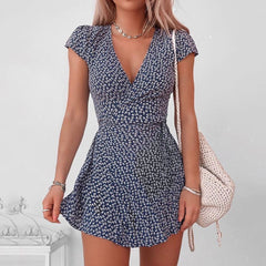 Women Dresses Summer 2021 Sexy V Neck Floral Print Boho Beach Dress Ladies Short Sleeve A Line Mini Dress Sundress Robe 2021 voguable