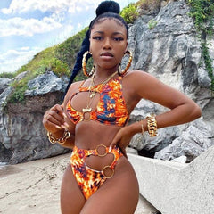 African Style Bikini Bathing Suit Sexy Cut Out Swimwear Chain Ring Swimming Suit for Women Two Piece Swimsuit Floral Biquini voguable