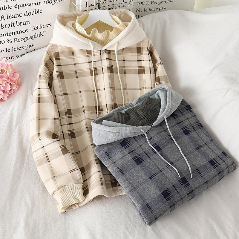 Women Fleece Hoodies Sweatshirt 2021 Winter Plaid Pirnted Cotton Hooded Sweatshirt Casual Loose Hooded Pullover Oversize Jacket voguable