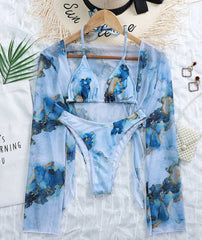 Voguable New Sexy Marble Print Push Up bikini Women Swimsuit Female Swimwear 3-piece Bikini set V-Bar Wired Short Skirt Bathing suit Swim voguable