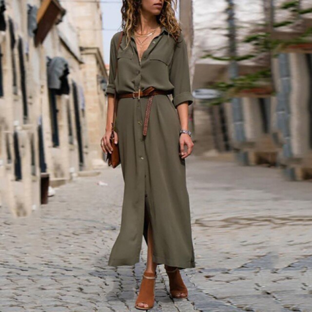 Voguable New Hot Fashion Button Long Dress Elegant Women Dresses Casual Work Dress Plus Size Pocket Slim Black Dresses Women Long Sleeves voguable