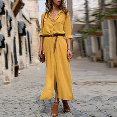 Voguable New Hot Fashion Button Long Dress Elegant Women Dresses Casual Work Dress Plus Size Pocket Slim Black Dresses Women Long Sleeves voguable