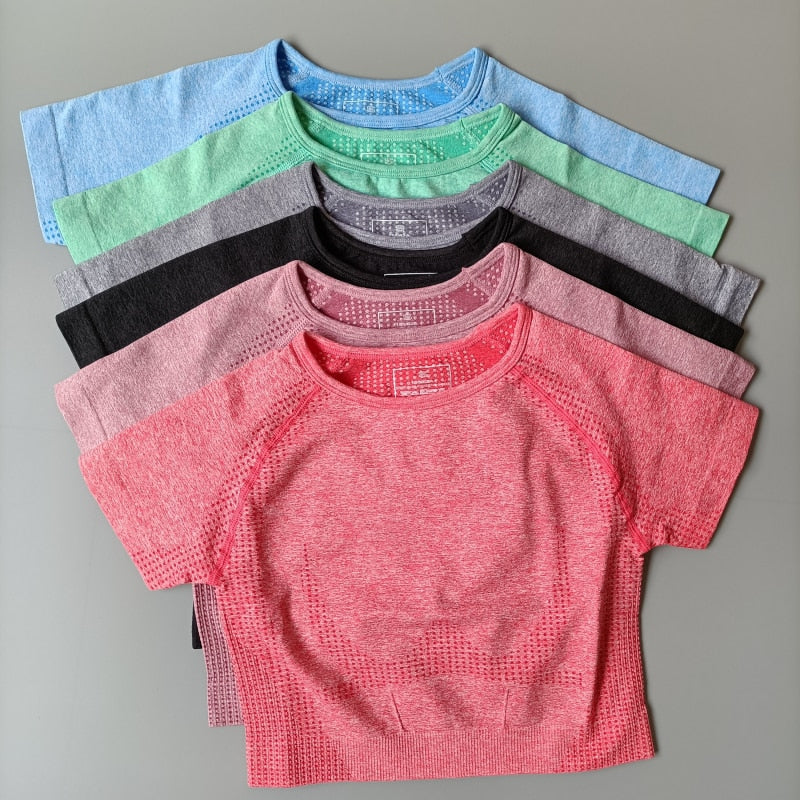 Cropped Top Women 2020 Running Sport Shirts Short Sleeves Blouses Fitness Gym Workout T-Shirts Sportswear Shorts Yoga Top voguable