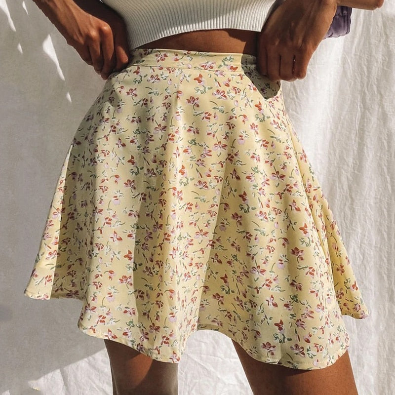 Summer new women's floral print skirt high waist umbrella mini skirt Female invisible zipper chiffon print short skirt women voguable