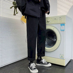 Wide-leg straight jeans men women fall winter loose casual rope trousers male students Korean all-match pants trend streetwear voguable