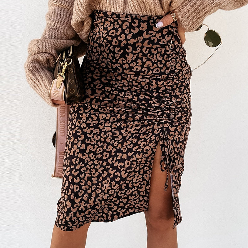 Voguable Midi Skirt Women Leopard Spring Lace Up Slit Bodycon High Waist Drawstring Printed Sexy Skirt Casual Office 2022 Female Skirt voguable