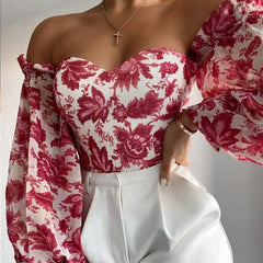 Sexy Off Shoulder Ruffles Summer Crop Top Fashion Women Holiday Beach Shirt Vintage Leaf Printed Elegant 2021 Female Blouse voguable