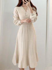 Voguable One-Piece Woman Pleated Dress New Autumn Long Sleeve Slim Woman Sweater Dresses Knitted Vintage Elegant Beige Midi Dress voguable