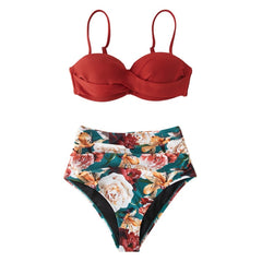 CUPSHE Red And Floral Push Up High Waist Bikini Sets Swimsuit Sexy Two Pieces Swimwear Women 2021 New Beach Bathing Suits voguable
