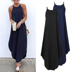 Women Dress Summer 2021 Casual Sleeveless Halter Solid Beach Long Dress Round Neck Sling Fashion Beach Clothes voguable