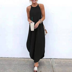 Women Dress Summer 2021 Casual Sleeveless Halter Solid Beach Long Dress Round Neck Sling Fashion Beach Clothes voguable