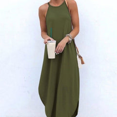 Women Dress Summer 2021 Casual Sleeveless Halter Solid Beach Long Dress Round Neck Sling Fashion Beach Clothes voguable