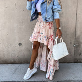 Summer High Waist Long Print Skirt 2021 New Bohemian Women Casual Beach Chic Faldas Female Elastic Waist Irregular Holiday Skirt voguable