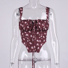 NewAsia Black Floral Corset Women Summer Sexy Backless Boned Lace Up Crop Top Party Casual Wear Prairie Chic Print Tops 2021 New voguable