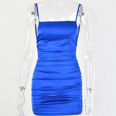 Voguable women dress Strap Mini Satin Dress Women Sexy Backless Cross Bandage Bodycon Party Dress Pleated Stretch Short Club Dress voguable