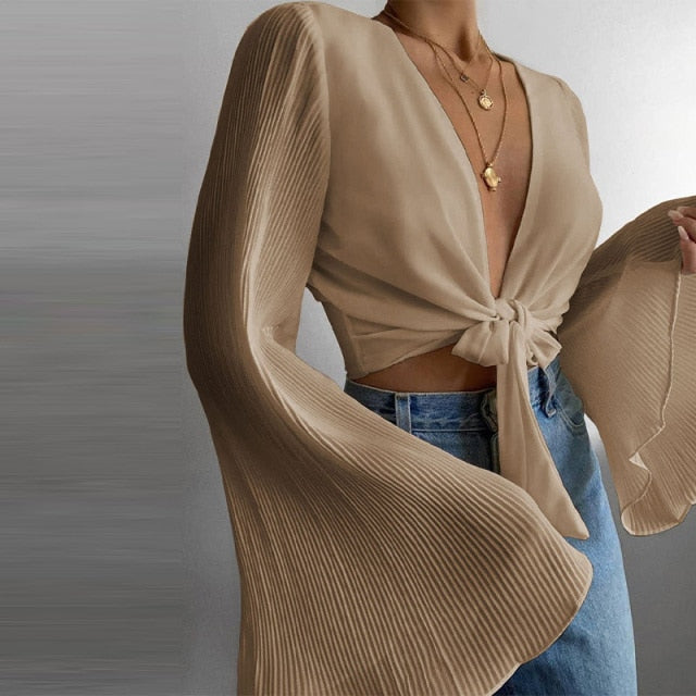 Spring Flare Long Sleeve Beach Shirts Blouse Solid Sexy Deep V Neck Women Shirt Blusas Summer Tie-Up Hollow Out Tops Streetwear voguable
