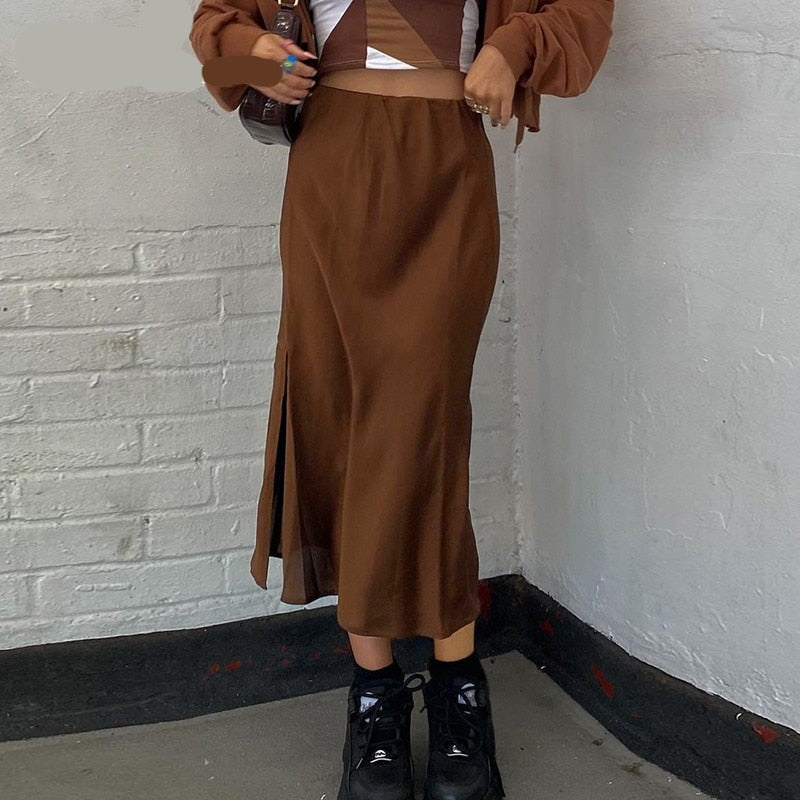 Vintage Split Long Skirt Women Cyber y2k Fashion Straight Satin High Waist Skirts Summer Outfits 2021 Casual Aesthetic Iamhotty voguable
