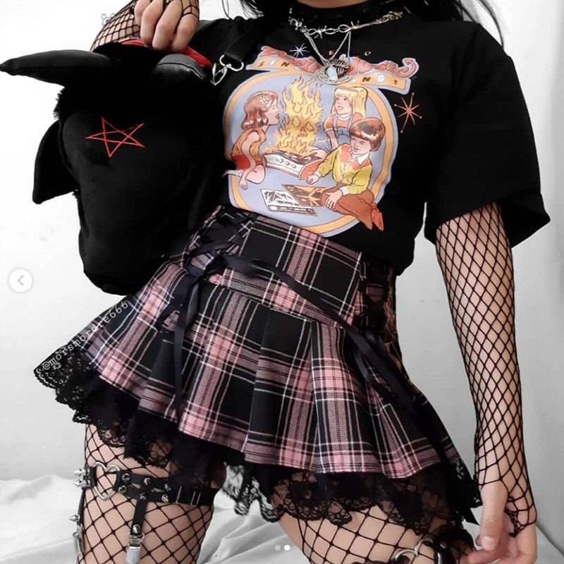 Y2K 2021 Women Stripe Black Pink Pleated Skirts Tank Vest Cute Sweet Girls School Skirt Plaid Lace Up Mini Goth Gloves Skirt voguable