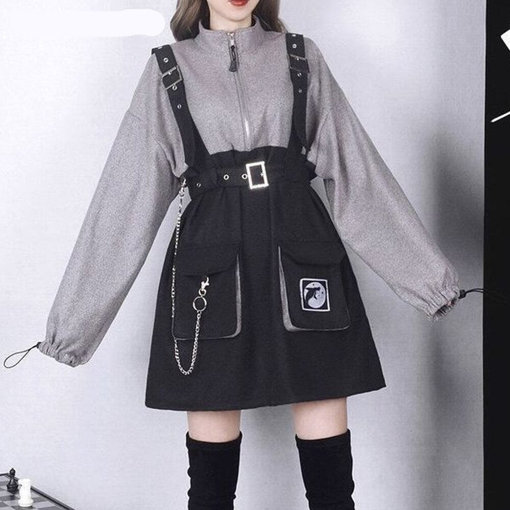 Voguable Gothic Girl High Waist Punk Mini Dress Vintage Women Dress Long Sleeve Hat Collar Fashion 2021 Sexy Lolita Black Dress Plus Size voguable