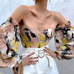 Sexy Off Shoulder Ruffles Summer Crop Top Fashion Women Holiday Beach Shirt Vintage Leaf Printed Elegant 2021 Female Blouse voguable