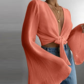 Spring Flare Long Sleeve Beach Shirts Blouse Solid Sexy Deep V Neck Women Shirt Blusas Summer Tie-Up Hollow Out Tops Streetwear voguable