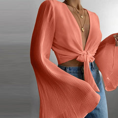 Spring Flare Long Sleeve Beach Shirts Blouse Solid Sexy Deep V Neck Women Shirt Blusas Summer Tie-Up Hollow Out Tops Streetwear voguable