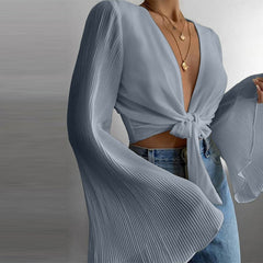 Spring Flare Long Sleeve Beach Shirts Blouse Solid Sexy Deep V Neck Women Shirt Blusas Summer Tie-Up Hollow Out Tops Streetwear voguable