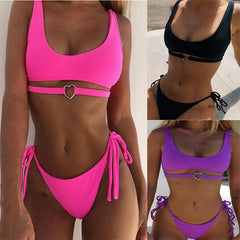Heart Ring Hot Pink Swumsuit Woman Bikini Set High Waist Cute Swimsuit Neon Green Bandage Swimwear Female Bathing Suit HalterTop voguable