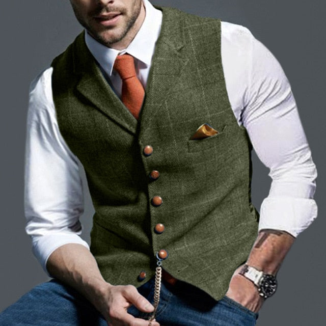 Voguable Mens Suit Vest Notched Plaid Wool Herringbone Tweed Waistcoat Casual Formal Business Groomman For Wedding Green/Black/Green/Grey voguable
