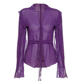 Voguable sexy deep V-neck Lace up beach club Top Women Mesh See Through Long Sleeve Solid T Shirt Fashion Ruffles Summer tee mujer voguable