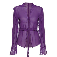 Voguable sexy deep V-neck Lace up beach club Top Women Mesh See Through Long Sleeve Solid T Shirt Fashion Ruffles Summer tee mujer voguable