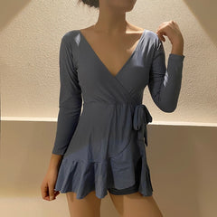 Women's 2020 Summer Bathing Suit Push Up One Piece Swimsuit Belt Solid Korea Swimwear Swimsuit Women with Skirt Swim Suit Dress voguable