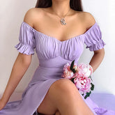 Bornsra 2021 Summer New Pure Color Simple One-shoulder Short-sleeved Long Skirt Sexy SlimTemperament Skirt Mid-Calf Sexy Dress voguable