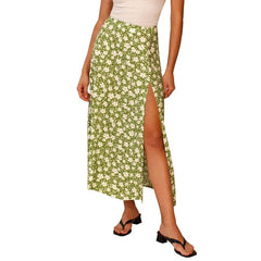 Fashion vintage skirt 2021 flower polka dot print high waist stretch split long A-line skirts for women beach maxi skirt voguable