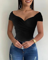 Voguable Blouse Women V Neck Shrot Sleeve Shirts Summer Elegant Office Ladies Slim Fit Off Shoulder Solid Color Womens Sexy Tops voguable