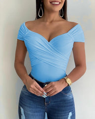 Voguable Blouse Women V Neck Shrot Sleeve Shirts Summer Elegant Office Ladies Slim Fit Off Shoulder Solid Color Womens Sexy Tops voguable