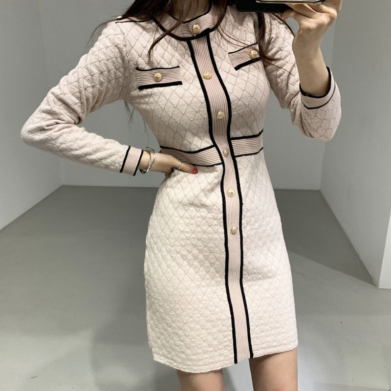 ZAWFL Autumn Winter Women Knitted Dress 2021 New Korean Long Sleeve O-Neck Bandage Sweater Clothing Elegant Ladies Dresses voguable
