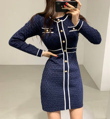 ZAWFL Autumn Winter Women Knitted Dress 2021 New Korean Long Sleeve O-Neck Bandage Sweater Clothing Elegant Ladies Dresses voguable