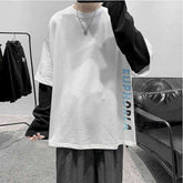 Voguable Autumn High Street Diablo Long-sleeved Men's Fake Two-piece T-shirt Male Students Korean Loose Clothes Trendy Men's Clothing voguable