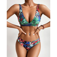 Miturn 2021 New Leaves Printed Low Waist Two Pieces Bikini Set Swimsuit Female Women Beachwear Swimwear Bather Bathing Suit voguable
