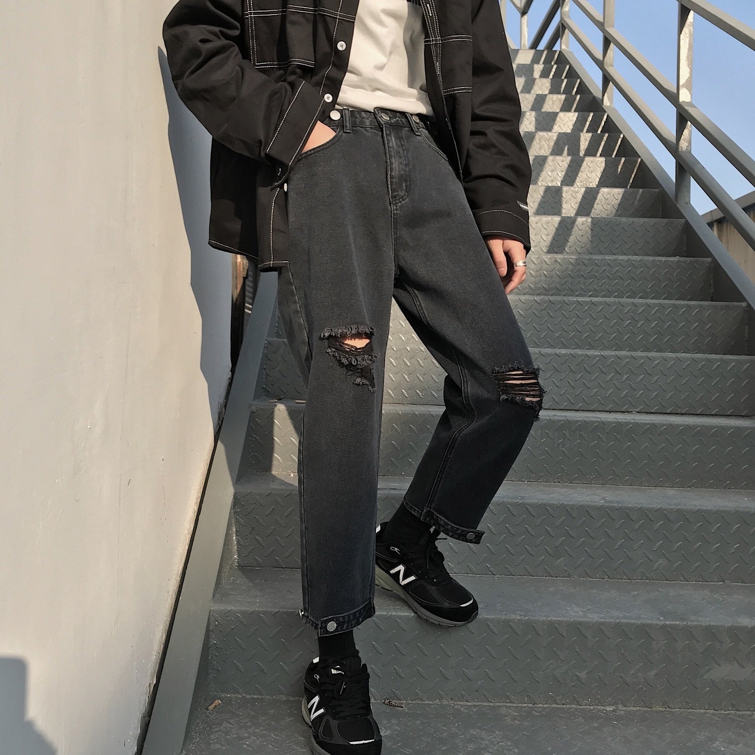 Voguable 2021 Men's Fashion Trend Haren Pants Holes Baggy Homme Wash Jeans Black Color Casual Pants Loose Leisure Blue Trousers S-XL voguable