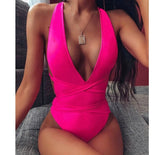 INGAGA 2021 Sexy Plunging Swimsuit One Piece High Cut Swimwear Women Cross Bandage Beachwear Summer Backless Bathing Suit Women voguable