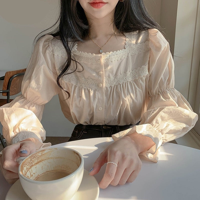 Beige Lace Blouse Vintage Square Collar Women Long Puff Sleeve Shirt Solid Cardigan Sweet Shirt Blusas Clothes Women Tops 11200 voguable